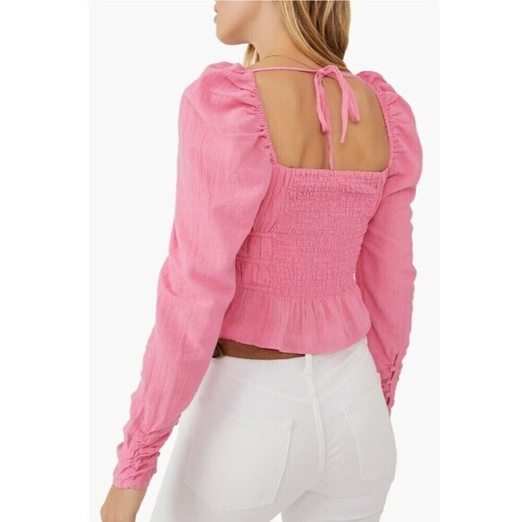 Free People Chloe Top Aurora Pink SMALL Sweetheart Neckline Smocked Back Tie $98 - Picture 2 of 9
